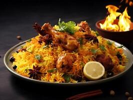 a Plate of hot biryani with meat photo