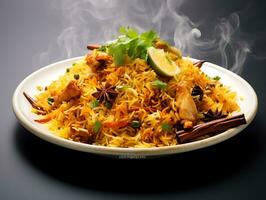 a Plate of hot biryani with meat photo