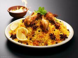 a Plate of hot biryani with meat photo