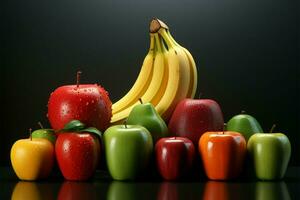 un vistoso póngase en fila de manzana, banana, naranja, fresa, y sandía ai generado foto