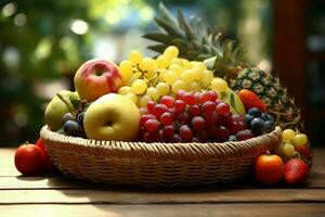A charming fruit basket, adorned with fresh fruits against a backdrop AI Generated photo