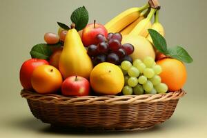 frutas en un cesta, conjunto en contra un amable, pálido de colores antecedentes ai generado foto