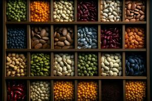 Assorted beans seen from above, neatly arranged in small wooden boxes AI Generated photo