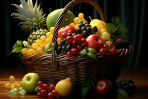 un cesta lleno con un surtido de vistoso y Fresco frutas ai generado foto