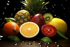 grupo de tropical frutas con rociado agua partículas mejorando su belleza ai generado foto