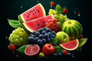 Watermelon, cherries, grapes, and lemon served as game logo and 3D icons AI Generated photo