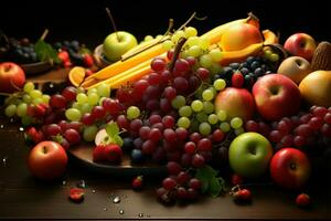 A sumptuous desk display featuring beautiful and elegant fruits AI Generated photo