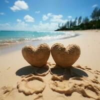 sentido conexión dos escrito corazones en arenoso playa, enmarcado por tropical fondo para social medios de comunicación enviar Talla ai generado foto