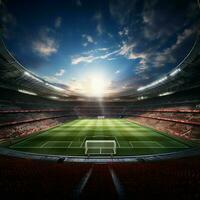 3D soccer stage, Rendered stadium hosts bustling field action For Social Media Post Size AI Generated photo