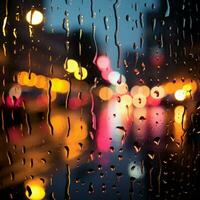 Blurred city lights seen through a window with colorful raindrops For Social Media Post Size AI Generated photo