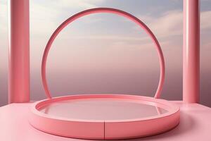 flotante rosado etapa con 3d apelación para cosmético producto burlarse de arriba ai generado foto