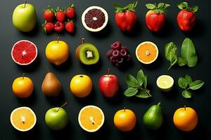 un visual collage presentando un diverso surtido de Fruta tipos ai generado foto