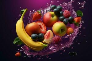 3D rendered fruits in a mesmerizing descent against a purple backdrop AI Generated photo