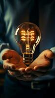 Businessmans palm clasps lightbulb and gear, epitomizing creativity and engineering Vertical Mobile Wallpaper AI Generated photo