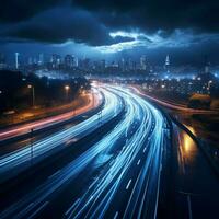 Noche urbano caminos bañado en azul encantador vehículo ligero caminos componer pintoresco ver para social medios de comunicación enviar Talla ai generado foto