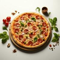 A minimalist view of tasty pizza ingredients, crisply isolated on white For Social Media Post Size AI Generated photo