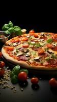Indulge in the rich colors of a vegetarian pizza on black Vertical Mobile Wallpaper AI Generated photo