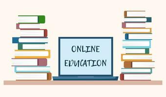 Online education concept. Laptop and books. vector