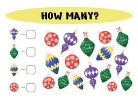 Count how many Christmas balls there are. Write down the answer. Educational games for children. Preschool worksheet activity, count and choose an answer, vector illustration