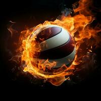 Fiery fervor, Volleyballs intensity portrayed through ball on dark backdrop For Social Media Post Size AI Generated photo