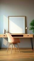 Workspace interior features an empty photo frame mockup on the wall Vertical Mobile Wallpaper AI Generated