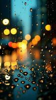 gotas de lluvia difuminar en vaso, un ciudades nocturno fondo emerge suavemente vertical móvil fondo de pantalla ai generado foto