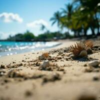 Island serenity Sand, palm, bokeh backdrop portray vacation concept, offering copy space For Social Media Post Size AI Generated photo