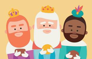 Three funny wise men. Kings of orient on yellow background vector