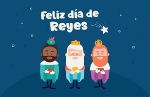 Happy epiphany written in spanish. Three funny wise men. Kings of orient on blue background. Christmas vectors