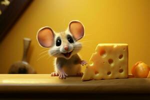 roedor animación un juguetón pequeño ratón y queso en un dibujos animados ai generado foto