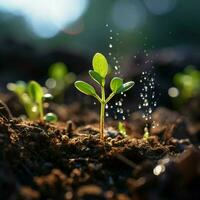 Close-up, verdant sprout emerges from soil, a symbol of natures resilience For Social Media Post Size AI Generated photo