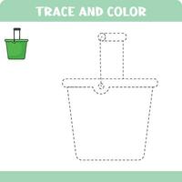 Activity page with tracing practice. Trace and color bucket for toddlers. Educational worksheet for kids. vector