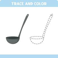 Activity page with handwritting practice. Trace and color ladle for toddlers. Educational page for kids. vector