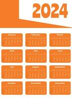 Simple 2024 year orange wall calendar a3 format. Week starts on Sunday vector