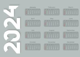 Monthly 2024 year calendar template. Wall or desk calendar in a minimalist style. Week Starts on Sunday. A3 format. Vector