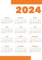 2024 year orange calendar in minimalistic style. Week starts on Sunday. Simple wall calender template a3 format vector