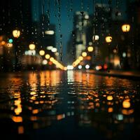 nocturno paisaje urbano mediante lluvia moteado vaso, antecedentes suavizado por difuminar para social medios de comunicación enviar Talla ai generado foto