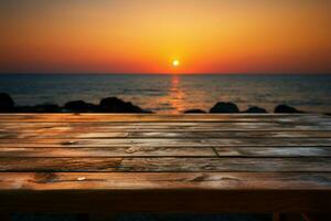 Coastal elegance Wooden table graced by a stunning, blurred sea sunset AI Generated photo