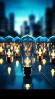 Blue themed backdrop, business group contemplates shining light bulbs Vertical Mobile Wallpaper AI Generated photo
