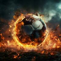 Fiery soccer impact, Ball propelled with force in electrifying stadium For Social Media Post Size AI Generated photo