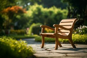 un de madera jardín silla, anidado en el serenidad de un borroso antecedentes ai generado foto