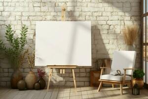 Scandinavian boho interior with an empty canvas on a wooden easel AI Generated photo