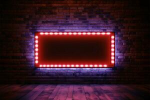 3D neon lamp showcase Square frame on a brick billboard AI Generated photo