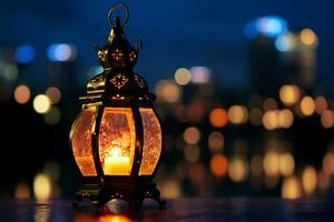 ramadán esencia linterna, fechas, y ciudad bokeh debajo noche cielo ai generado foto