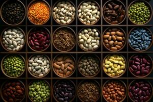 Different beans in small wooden containers, viewed from the top AI Generated photo