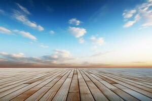 Wooden floor meets the open sky in a seamless, elegant contrast AI Generated photo