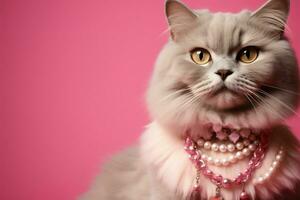 un elegante gato con un collar en contra un de moda rosado fondo ai generado foto