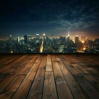 Urban horizon Wooden table under blurred night sky, city buildings softly illuminated For Social Media Post Size AI Generated photo