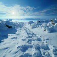 ladera viaje nieve cubierto huellas rastro humano escalada en medio de sereno Nevado terreno para social medios de comunicación enviar Talla ai generado foto