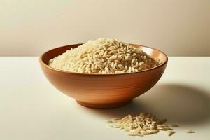 Uncooked brown rice, simply arranged in a clean, white bowl AI Generated photo